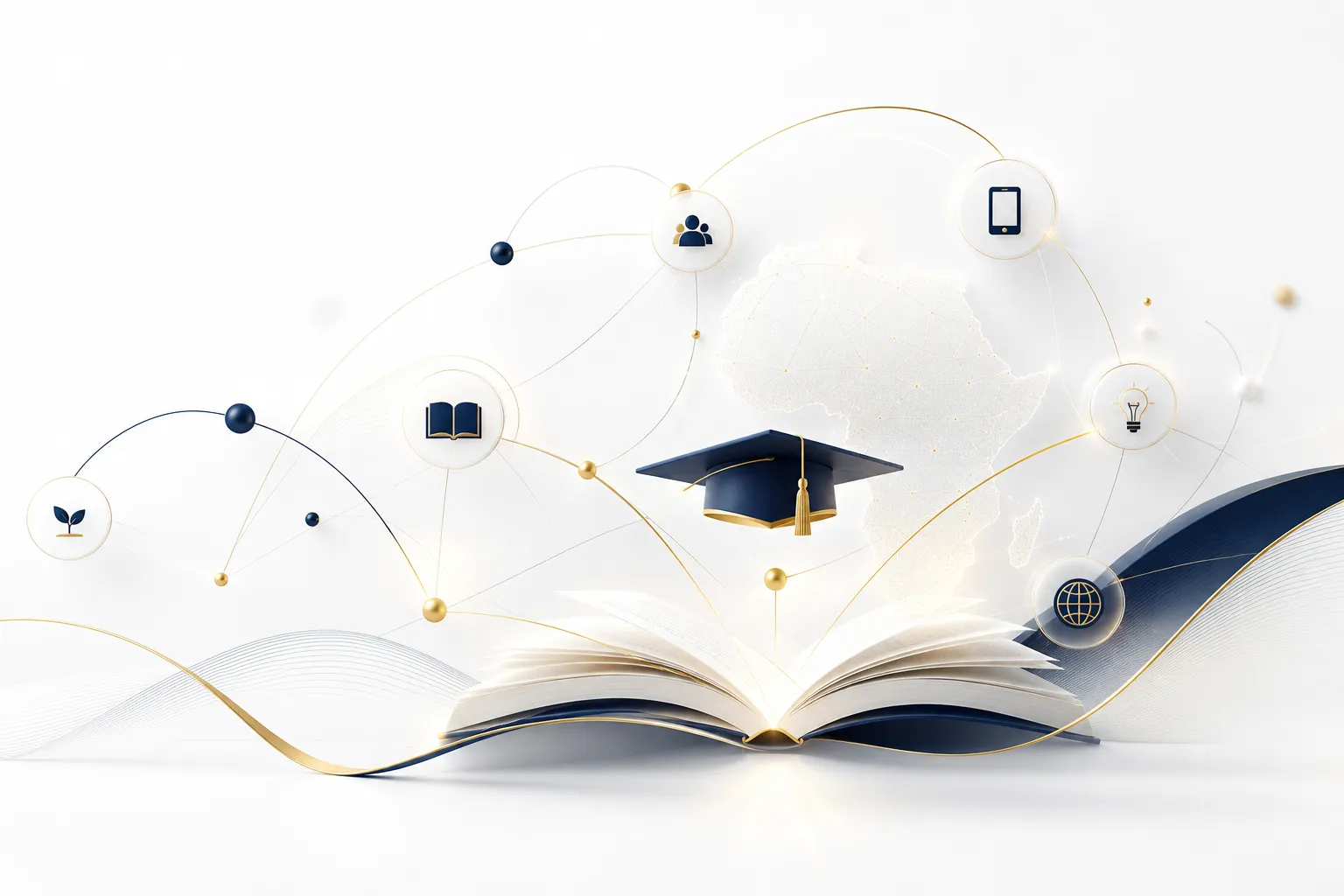 Illustration of Edulara's connected learning ecosystem — an open book, graduation cap and linked apps